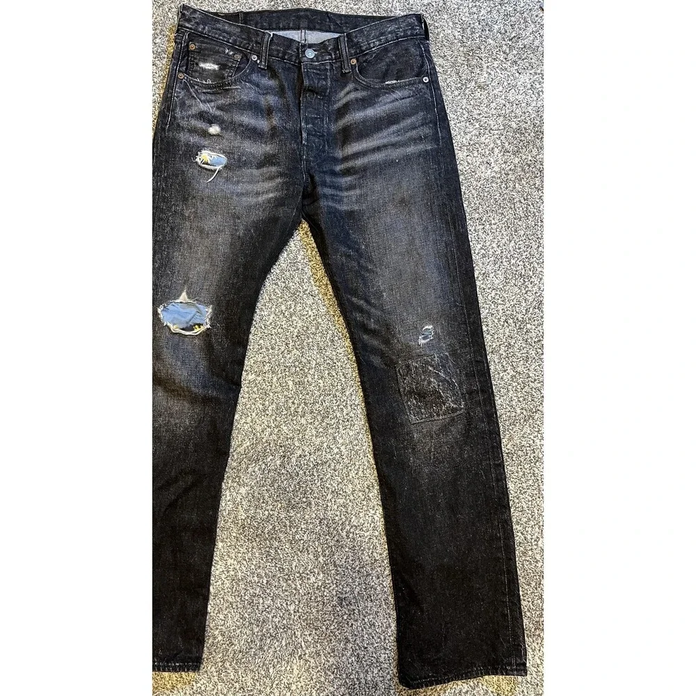 Levi's 501‎ Jeans Mens 32x32 Black Straight Leg Distressed Button Fly Denim